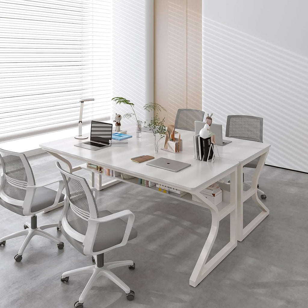 OSCHF Extra Long Desk with Bookshelf - 63' Double Long Writing Table for 2-Person Workstation, Modern Study Work Computer Desk for Home and Office, Warm White