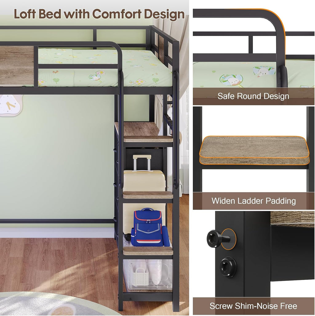 Dnxao Twin Loft Bed with Desk, Heavy Duty Twin Bed Frame with Integrated 6 Storage Drawers & DIY Pegboard, Smart LED Lights, Charging Station with Type-C, Space-Saving Workstation for Teens,Oak Gray