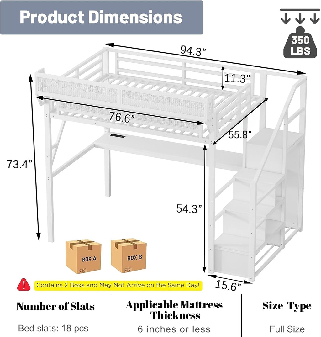 Full Loft Bed with Desk and Stairs, Metal Lofts Bed Full Size with Upper Storage Shelf, Gaming LoftBed with LED, Charging Station and Wardrobe for Teens, Adults,White