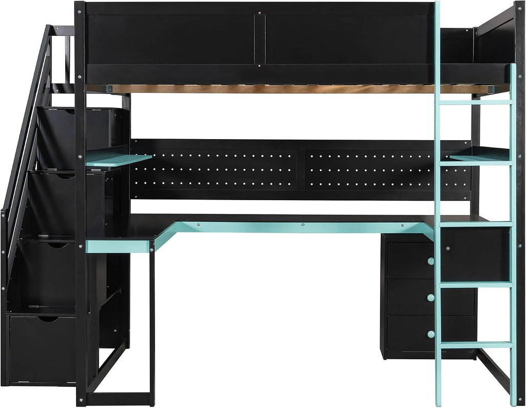 VilroCaz Modern Full Size Gaming Loft Bed with Built-in Desk, Shelves & Pegboard, Wood Loft Bed Frame with Storage Stairs for Kids Teens Adults, Maximize Space Saving (Black+Blue-S, Full)