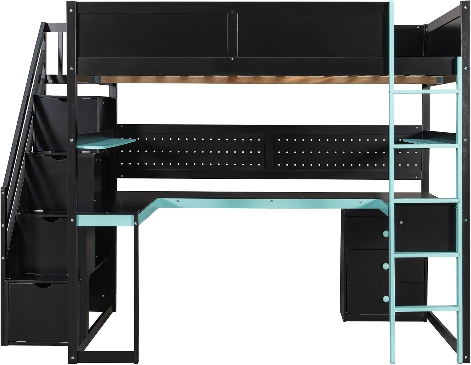 VilroCaz Modern Full Size Gaming Loft Bed with Built-in Desk, Shelves & Pegboard, Wood Loft Bed Frame with Storage Stairs for Kids Teens Adults, Maximize Space Saving (Black+Blue-S, Full)