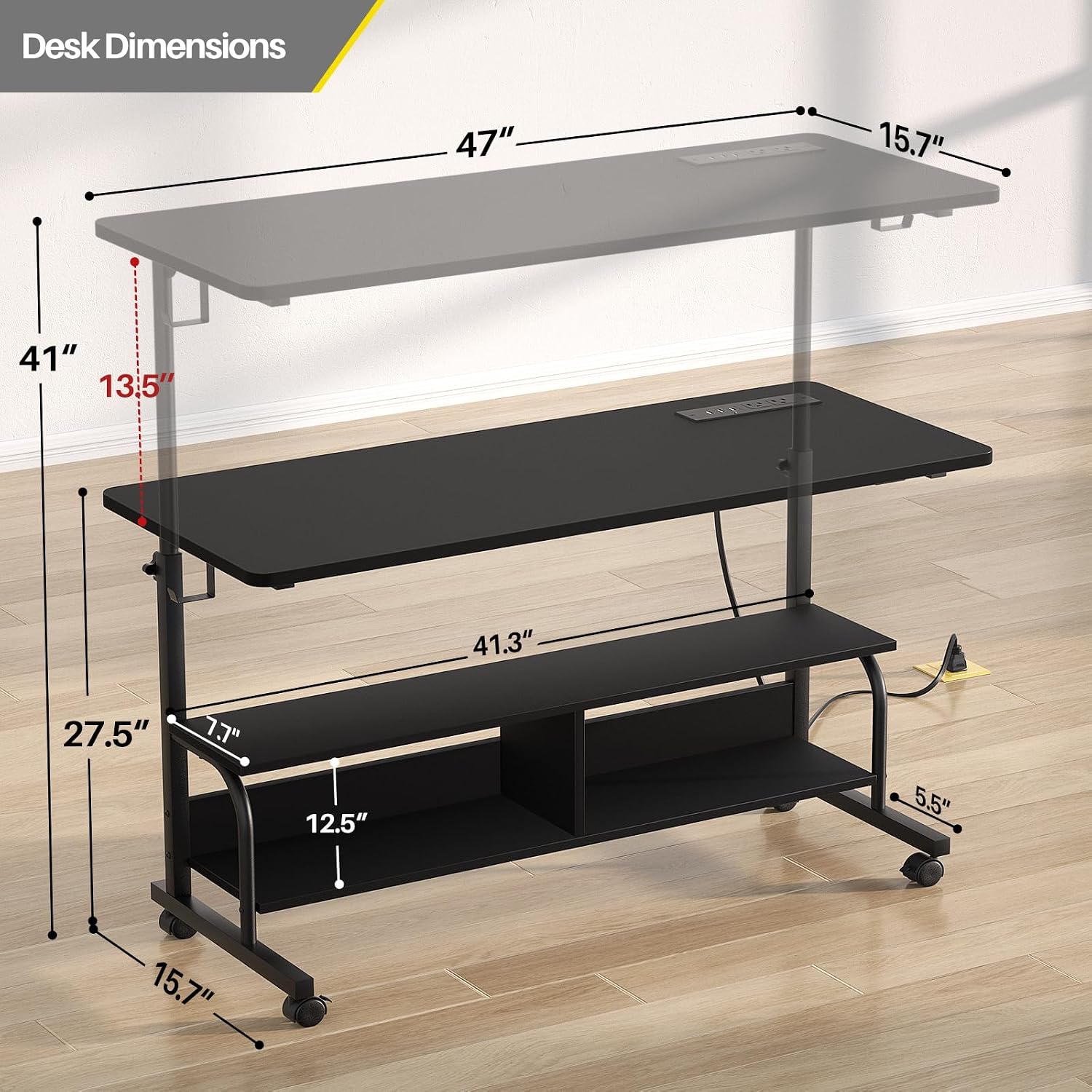 Armocity Rolling Standing Desk with Power Outlets, 47' Manual Height Adjustable Mobile Computer Desk with Wheels, Portable Sit Stand Laptop Couch Table for Bed & Sofa Home Office, Black