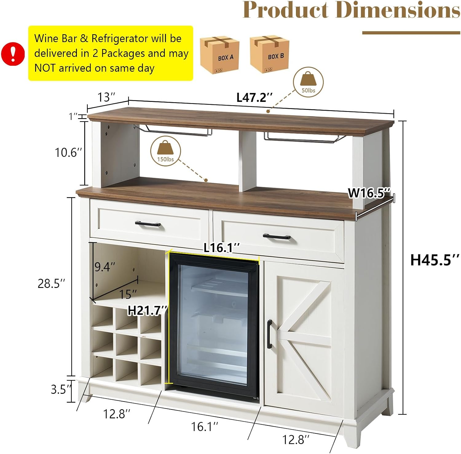 LUXOAK Farmhouse Coffee Bar Cabinet with Beverage Refrigerator Cooler, 47' Rustic Wine Bar Cabinet w/15 Mini Fridge, Barn Door & Glass Racks, Kitchen Hutch Buffet Table w/Drawer, Dining Room, White