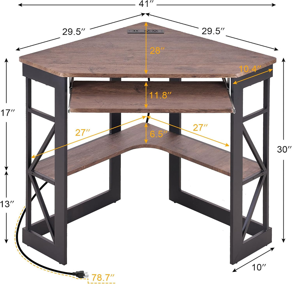 VECELO Corner Desk Computer Desk 41'x30'with Charging Station & Keyboard Tray & Storage Shelves for Small Space,Triangle Table for Home Office Bedroom,Rustic Natural Brown