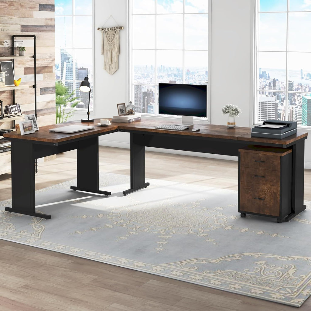 Tribesigns 83' L-Shaped Executive Desk, Large Office Desk with Drawers, Industrial Corner Computer Table with Rolling File Cabinet, Business Workstation for Home Office (Brown, 83 Inches)
