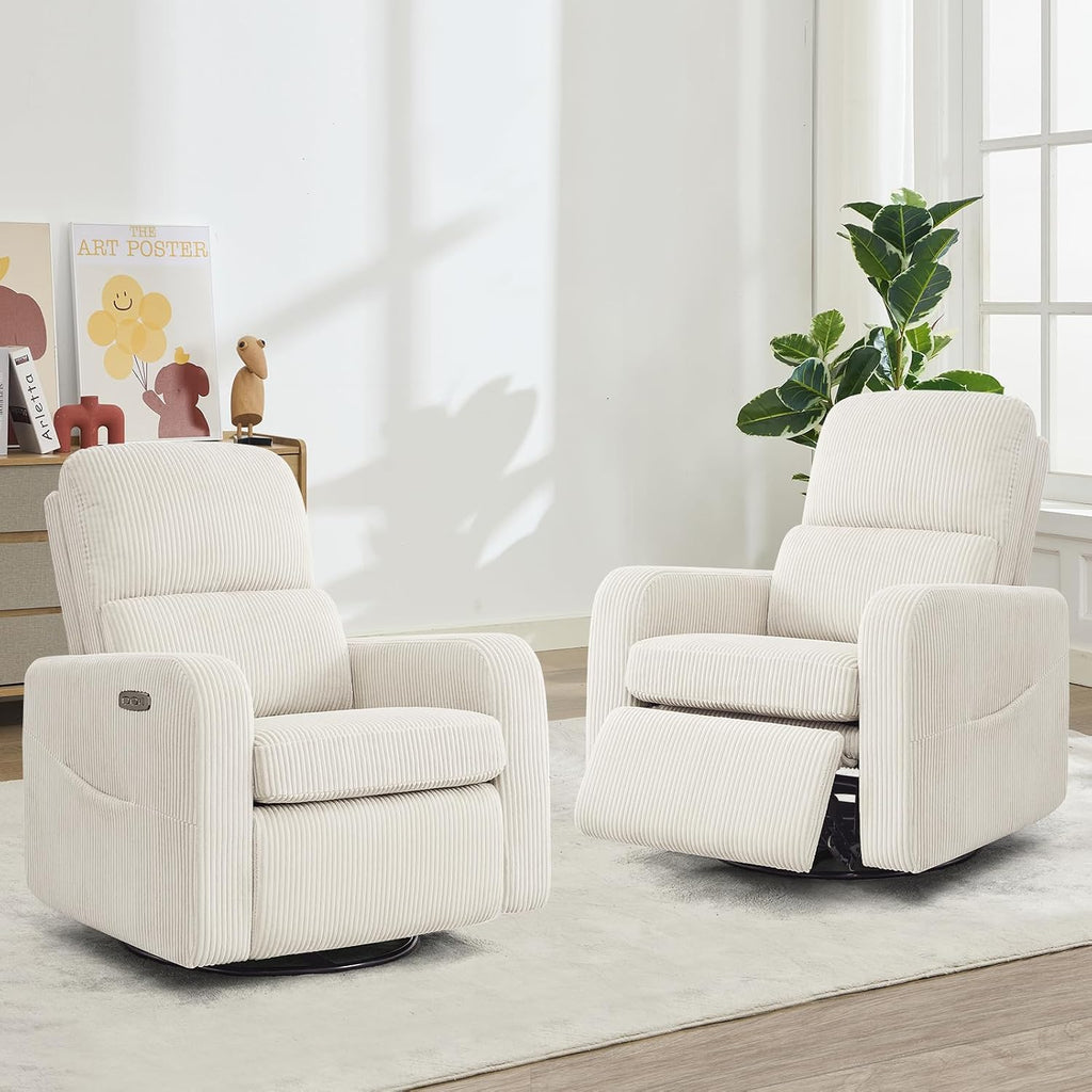 Swivel Rocker Recliner, Oversized Power Recliner Glider with Removable Cushion, Upholstered Swivel Reclining Nursery Chairs for Living Room Bedroom, Corduroy White