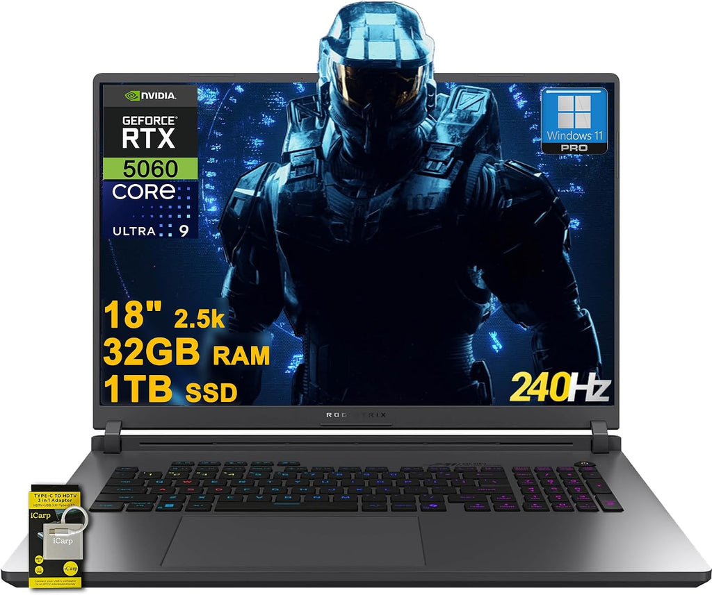 ASUS ROG Strix G18 G815 Gaming AI PC Laptop 18' 2.5k (2560x1600) 240Hz (100% DCI-P3, 3ms) Intel 24-core Ultra 9 275HX 32GB RAM 1TB SSD GeForce RTX 5060 RGB Backlit Wi-Fi7 Win11Pro ICP Hub