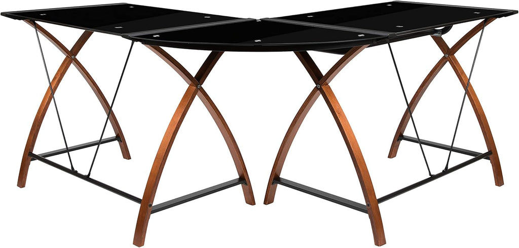 EMMA + OLIVER Black Glass L-Shape Corner Computer Desk with Pull-Out Keyboard Tray