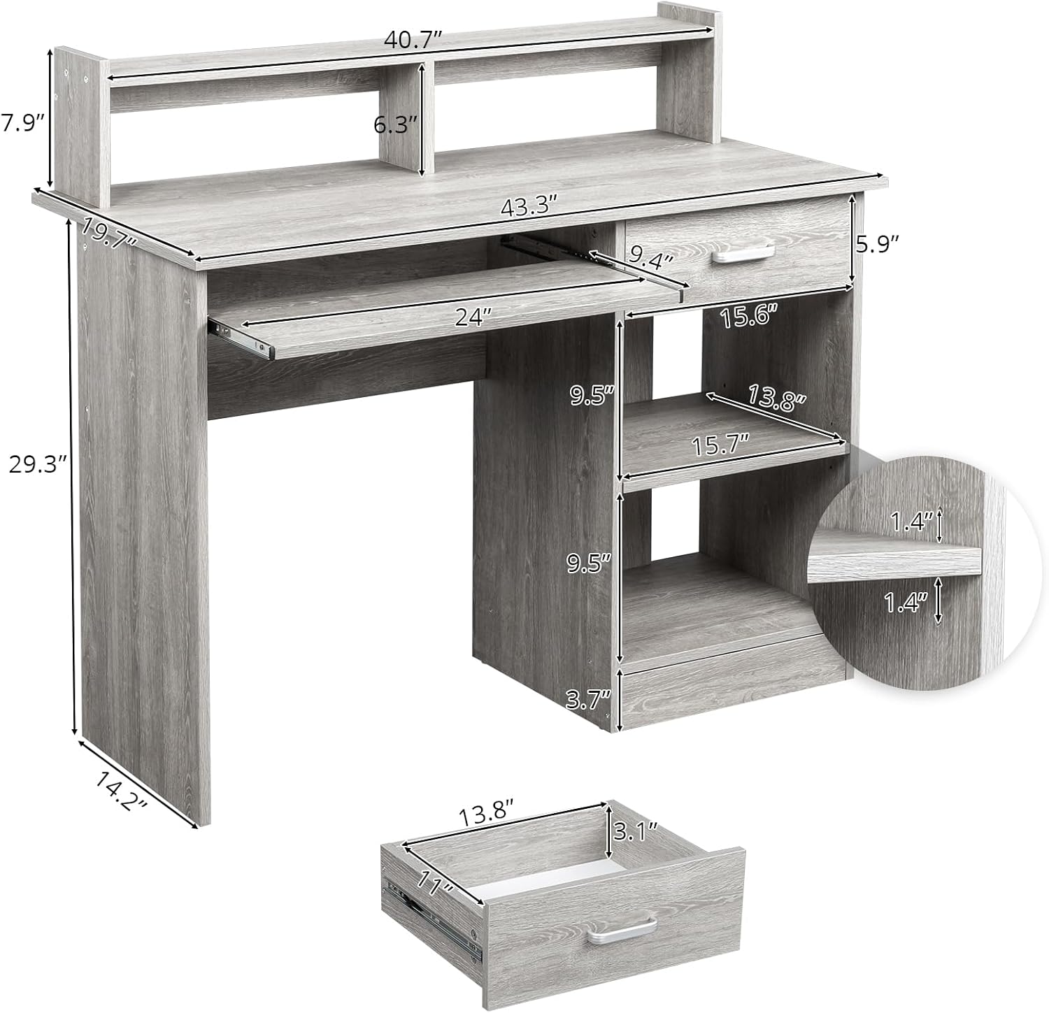 Karl home Computer Desk Study Writing Desk, Wooden Home Office Workstation PC Laptop Table with Drawer Shelf Keyboard Tray, Grey