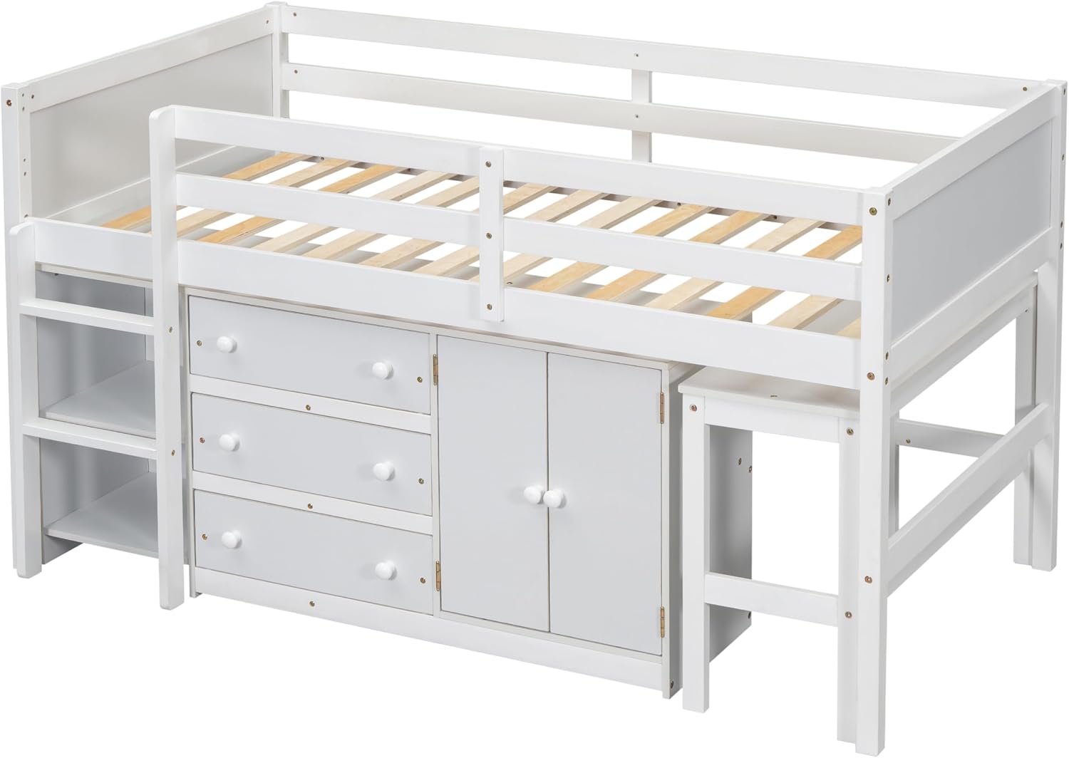 SOFTSEA Twin Size Low Loft Bed with Pull-Out Desk and Drawers, Loft Bed with Cabinet and Shelves, Wood Loft Bed Frame with Support Slats, White