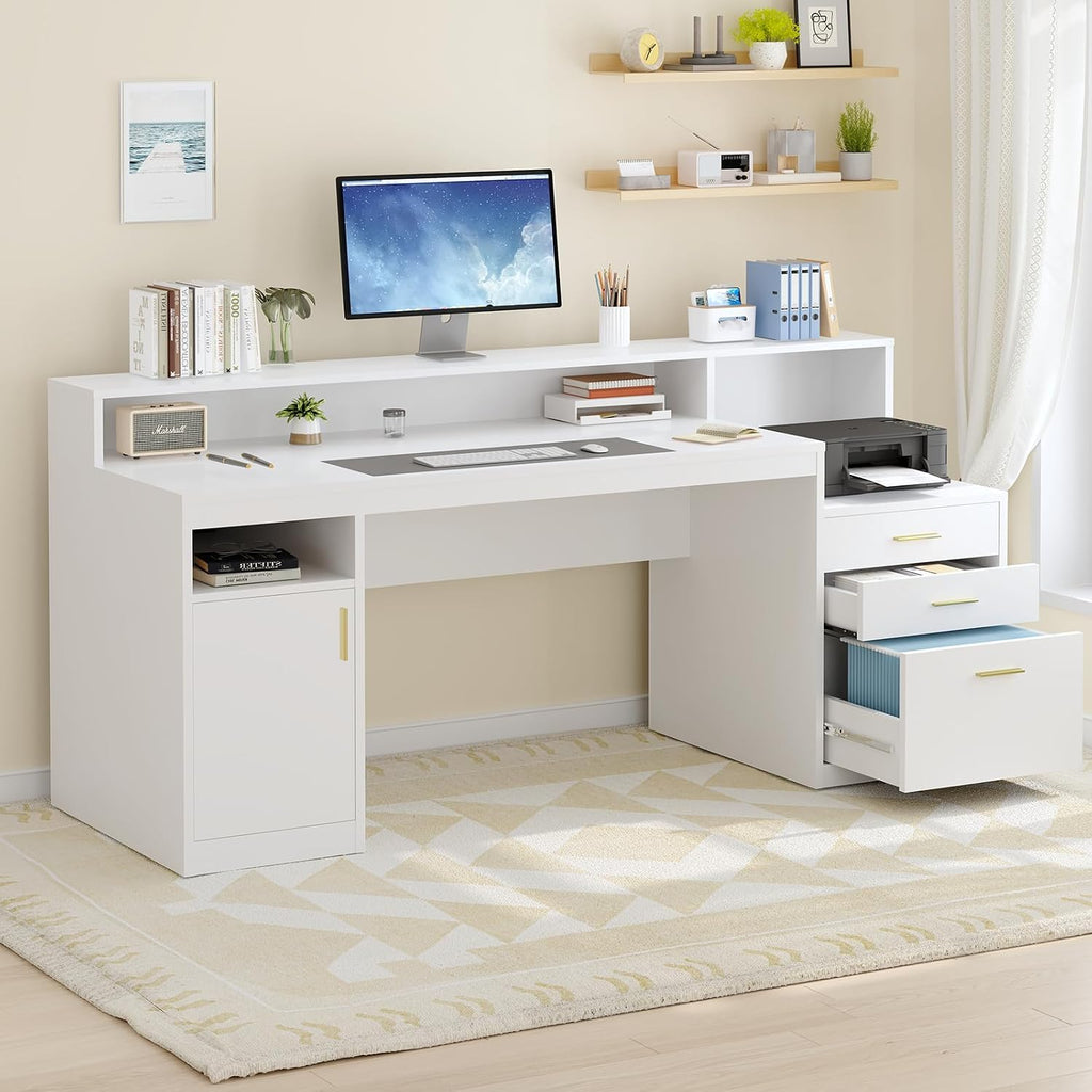 YOMILUVE Computer Desk with 3 Drawer & Storage Shelves, Home Office Desk with File Drawer & Cabinet, Writing Study Table with Long Monitor Stand & Printer Shelf, Executive Desk, White