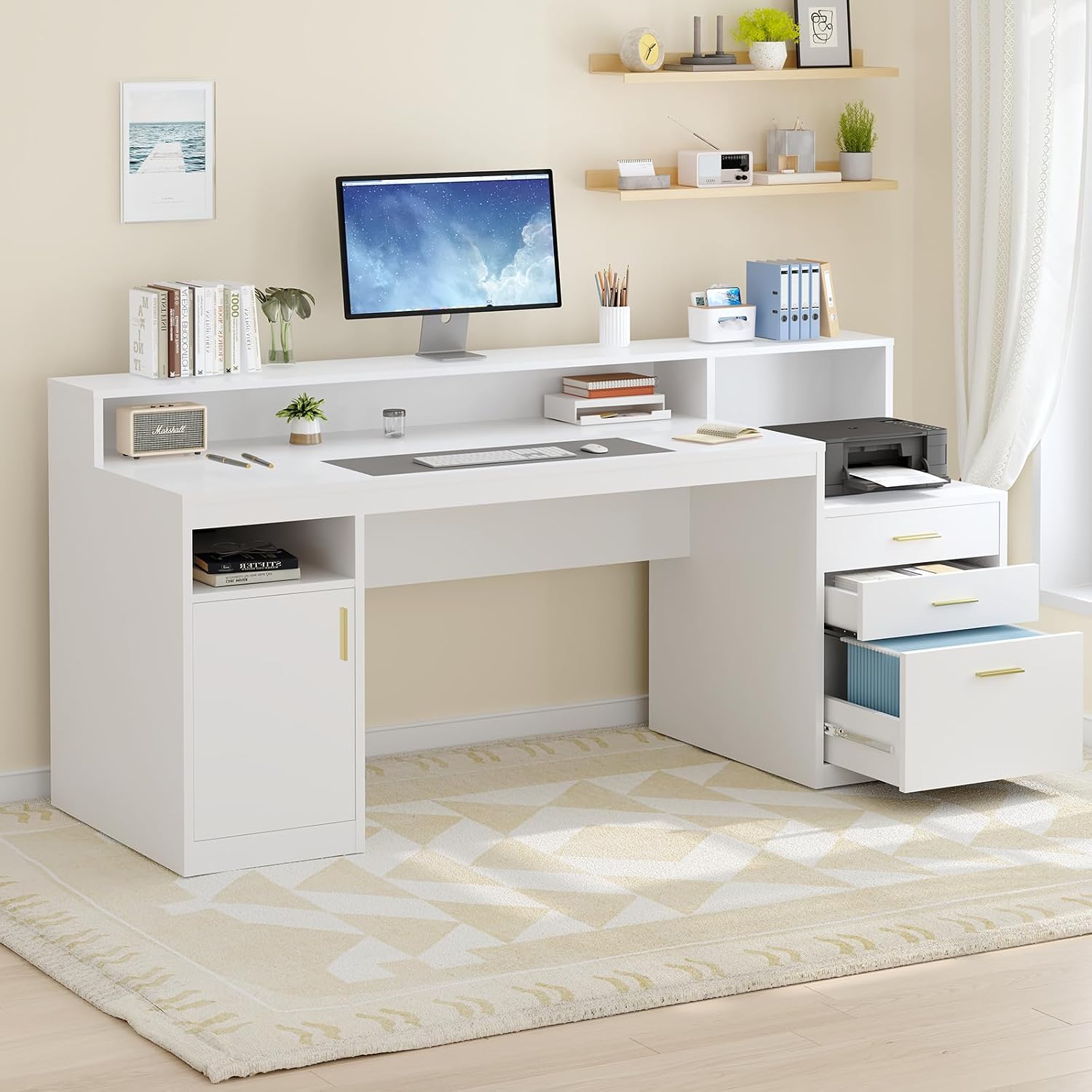 YOMILUVE Computer Desk with 3 Drawer & Storage Shelves, Home Office Desk with File Drawer & Cabinet, Writing Study Table with Long Monitor Stand & Printer Shelf, Executive Desk, White