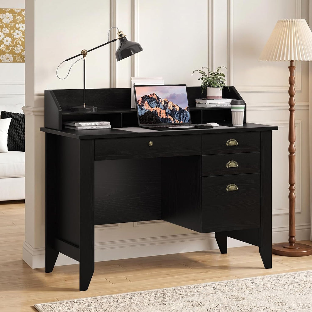 4 EVER WINNER Black Desk with Drawers, Small Desk with File Drawer and Monitor Stand, Computer Desk with Storage, Writing Desk for Bedroom Home Office, Black