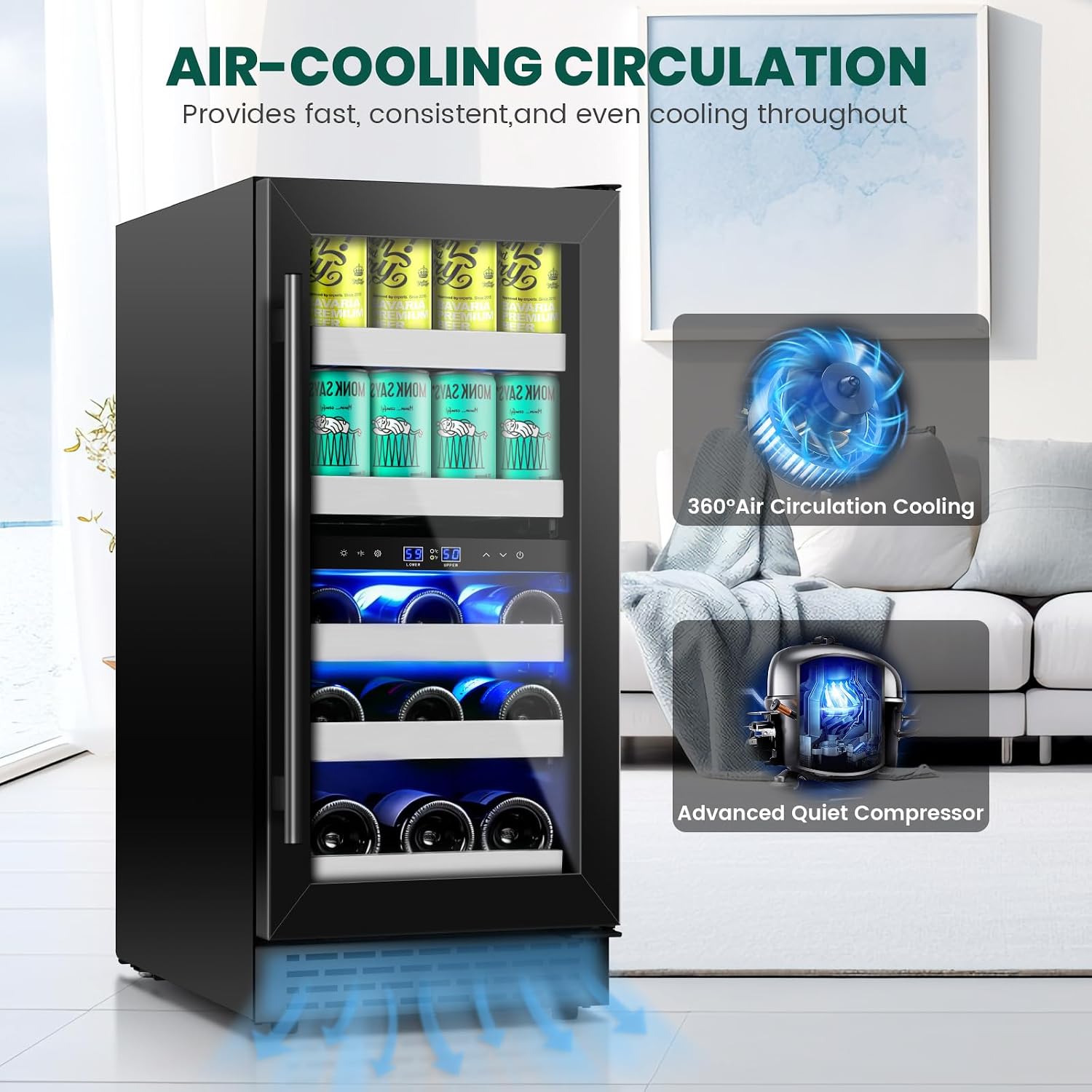 15 Inch Wine and Beverage Refrigerator,13 Bottle & 48 Cans Black Dual Zone Beverage Refrigerator,Under Counter Beverage Fridge with Glass Door,Control Panel for Wine Soda,Beer-Kitchen Home