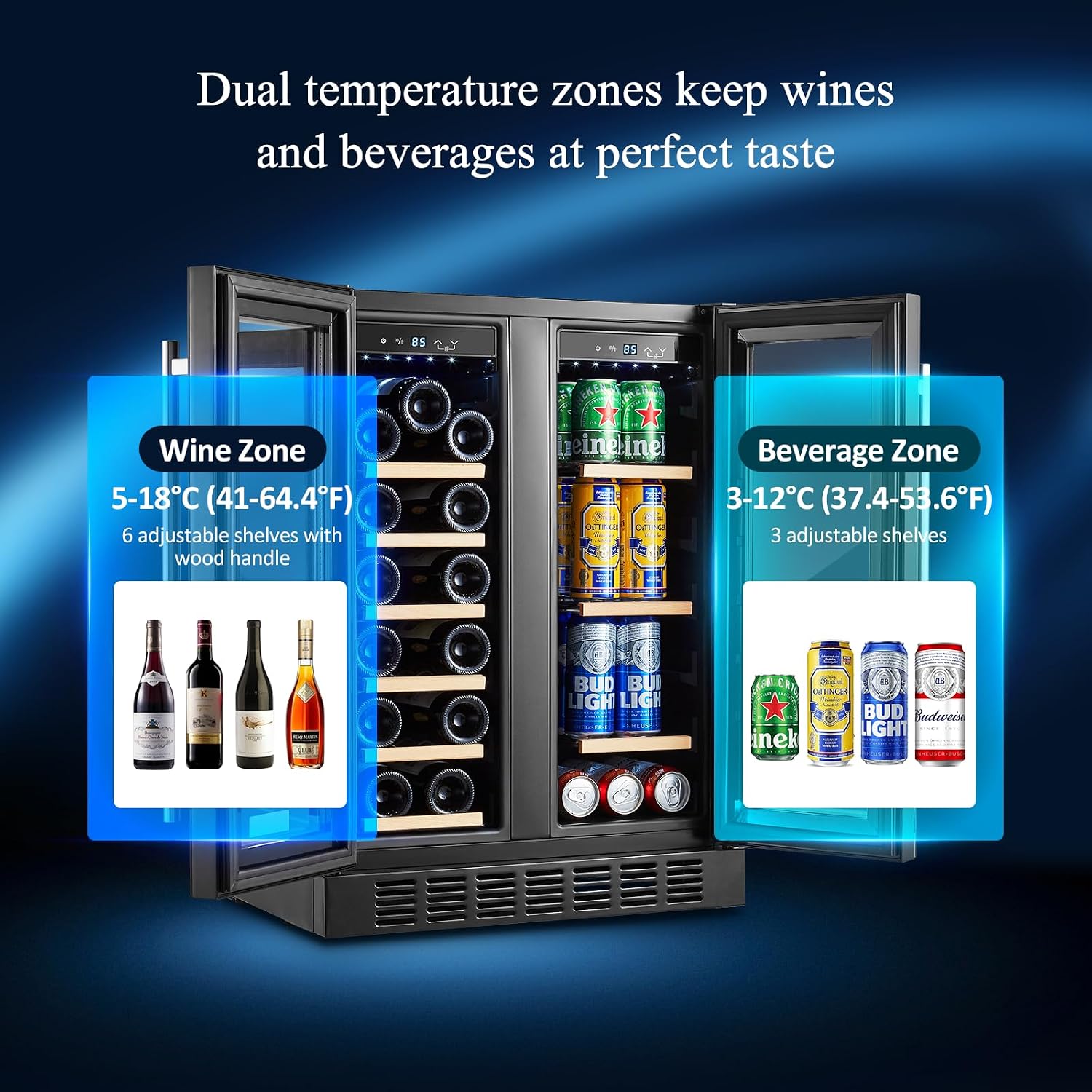 BODEGACOOLER 24 Inch Wine and Beverage Refrigerator Free Standing. Dual Zone Stainless Steel Wine Fridge under Counter, Drink Cooler for Beer, Soda, Champagne, Holds 41 Cans and 17 Bottles, Black