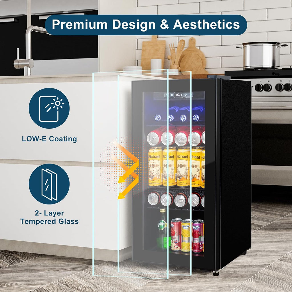 Cucina Magica Beverage Refrigerator 180 Can, Black Beer Fridge with Glass Door, 3.2 Cu Ft Mini Fridge for Drinks, Freestanding Cooler with Adjustable Shelves & Digital Temp Control