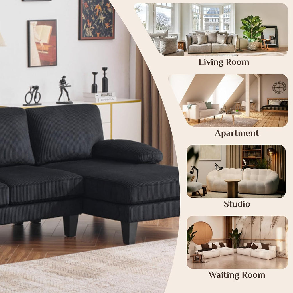 Karl home 111' Sectional Sofa U-Shaped 4-Seat Couch with Chaises Wood Grian Legs Corduroy Fabric Upholstered for Living Room, Apartment, Office, Black