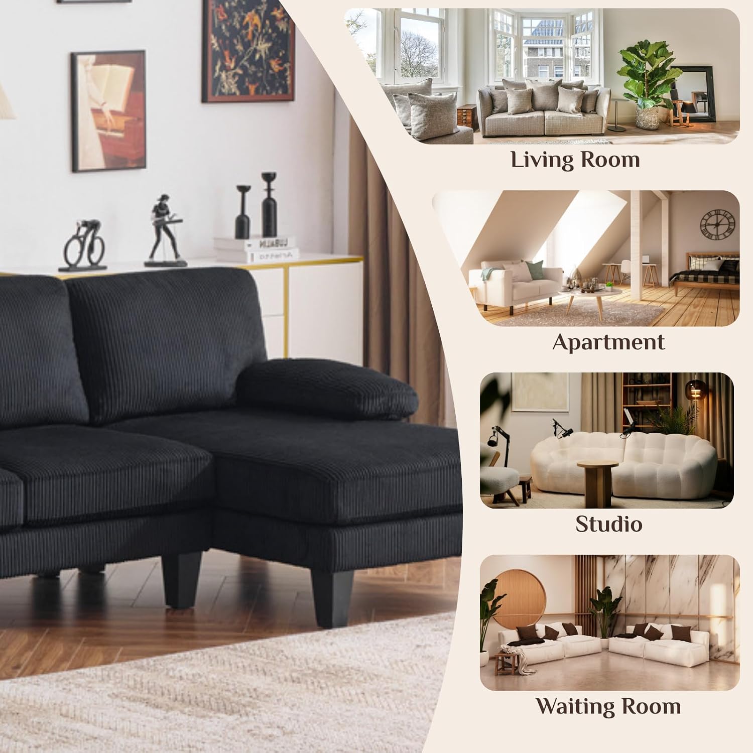 Karl home 111' Sectional Sofa U-Shaped 4-Seat Couch with Chaises Wood Grian Legs Corduroy Fabric Upholstered for Living Room, Apartment, Office, Black