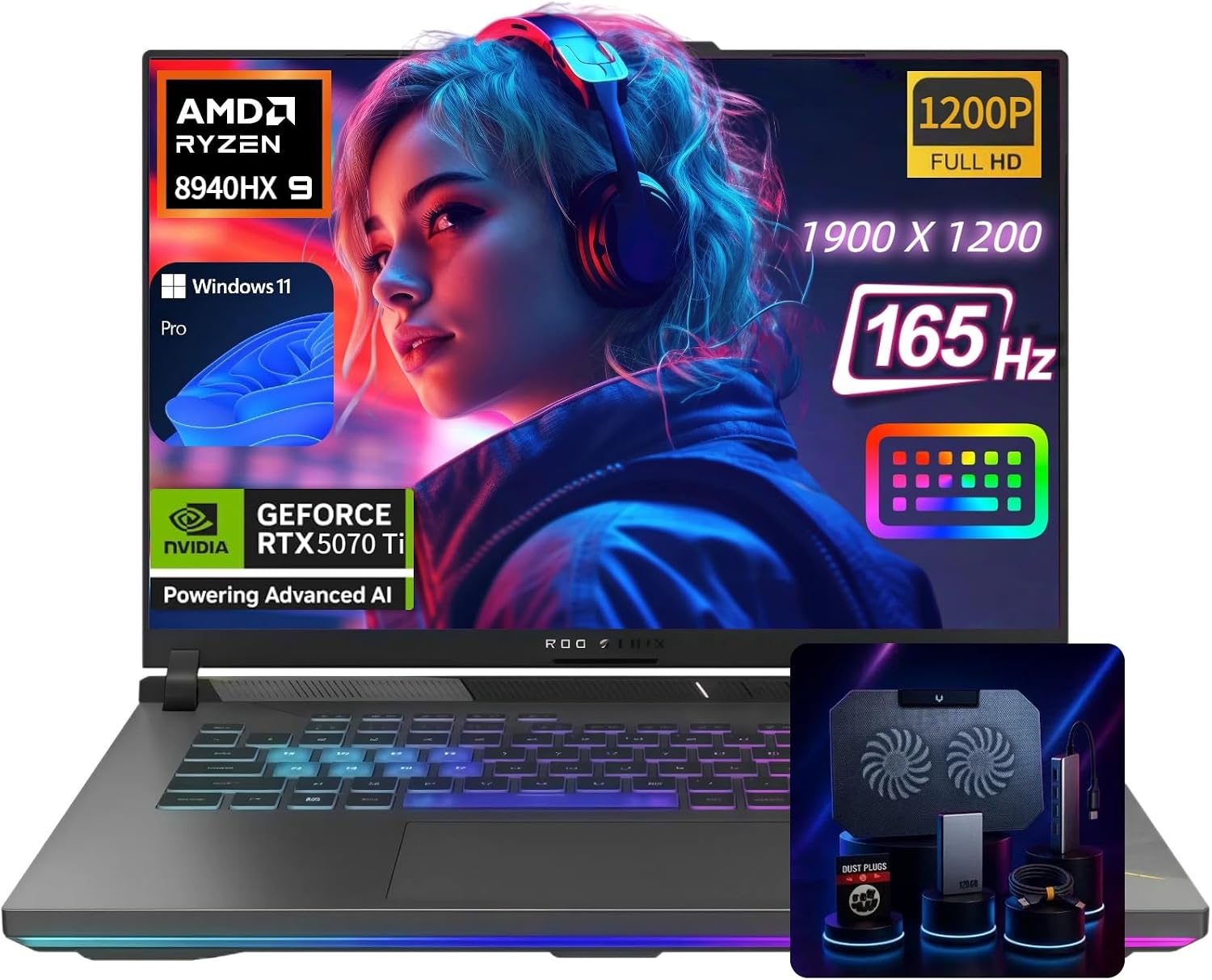 ASUS ROG Strix G16 Gaming Laptop - NVIDIA GeForce RTX 5070 Ti, 16' 165Hz FHD+, AMD Ryzen 9 8940HX (up to 5.2 GHz), Win11 Pro, Backlit KB, Wi-Fi 6E, w/Accessoires (32GB DDR5 RAM, 2TB SSD)