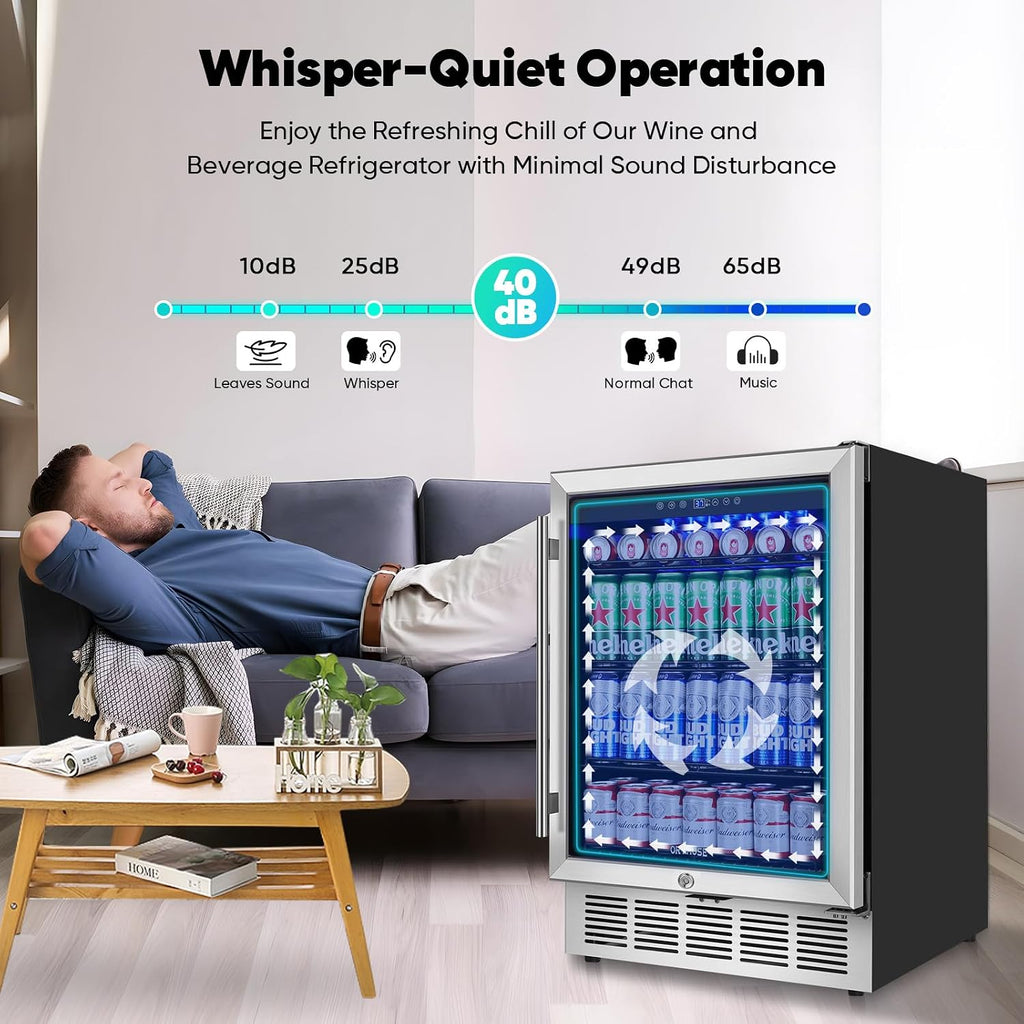 ORYMUSE 24' Beverage Refrigerator, 180 Can Under Counter Drink Cooler with Glass Door & Lock, Built-in or Freestanding Mini Fridge with Quiet Compressor Cooling for Beer, Soda & Wine