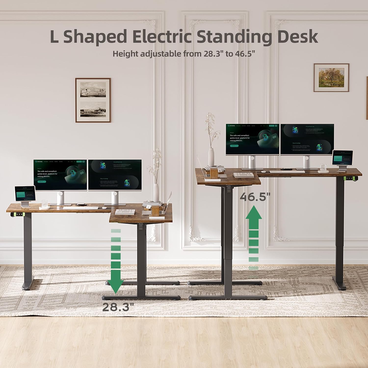 YDN L Shaped Standing Desk, Electric Standing Desks L Shape Adjustable Height Dual Motor, 59 Inch Corner Standing Desks with Splice Board for Home Office, Large Standing Desk, Rustic Brown