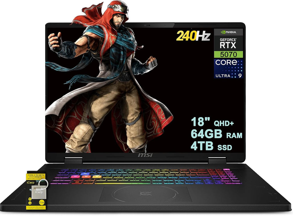 MSI Crosshair 18 HX AI Gaming Laptop 18' QHD+ 240Hz (100% DCI-P3) Intel 24-core Ultra 9 275HX (>i9-14900HX) 64GB DDR5 4TB SSD GeForce RTX 5070 (Up to 798 AI TOPS) RGB Backlit Thunderbolt Win11 ICP Hub