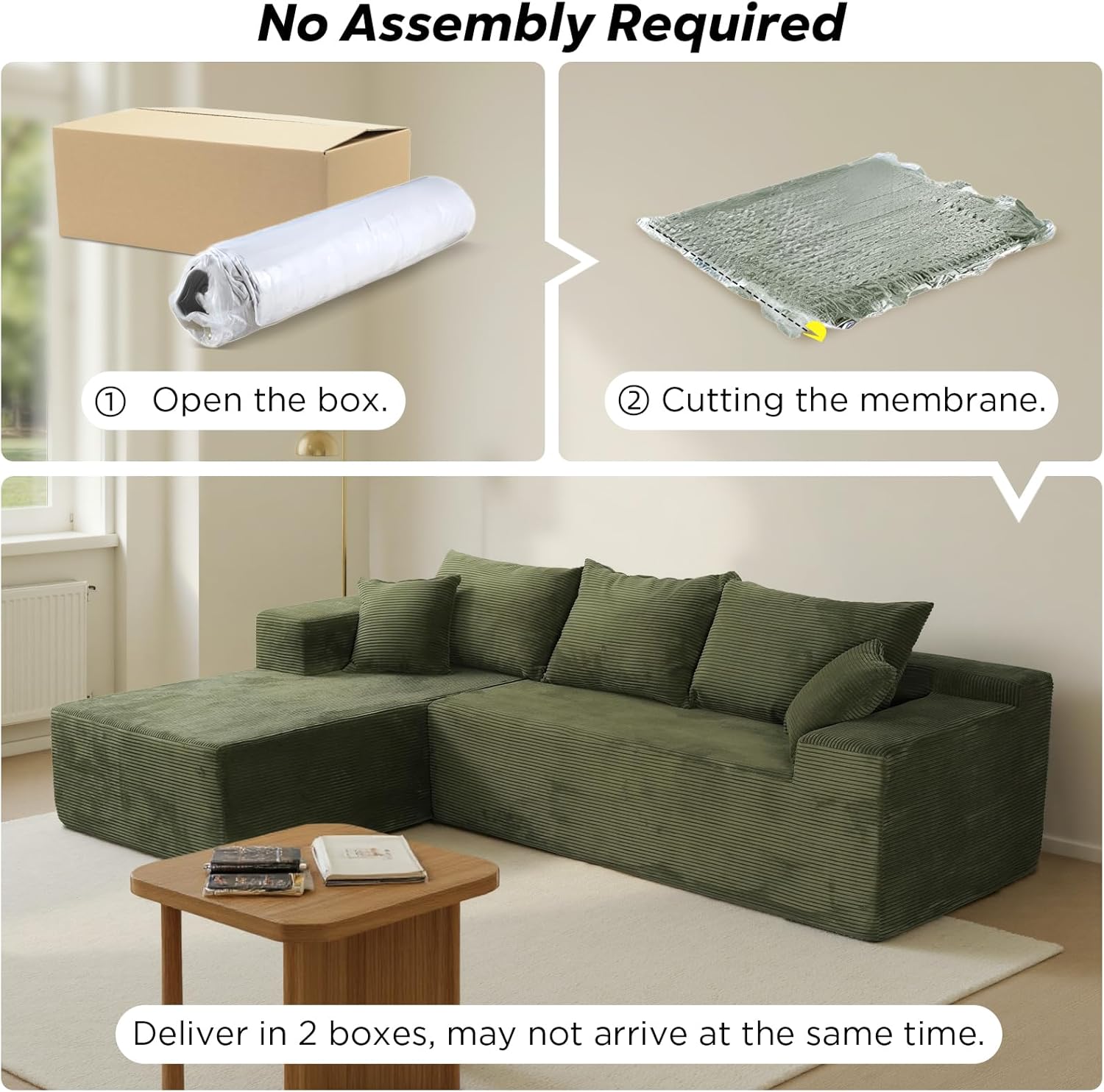 Green 103' Sectional Couches for Living Room, Boneless Couch with L-Shape Chaise, Modular Sofa in Box with Deep Seat, No Assembly Required