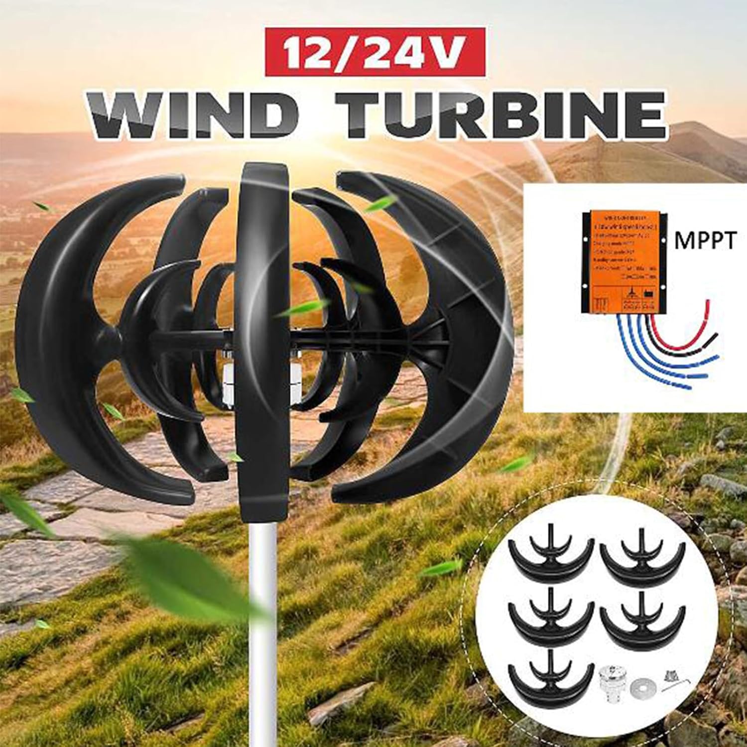 2000W-3000W Vertical Wind Turbine Generator, 3 Phase 5 Blades Home Use Wind Turbine Low Noise for Garden Home,with Controller(12V-220V)