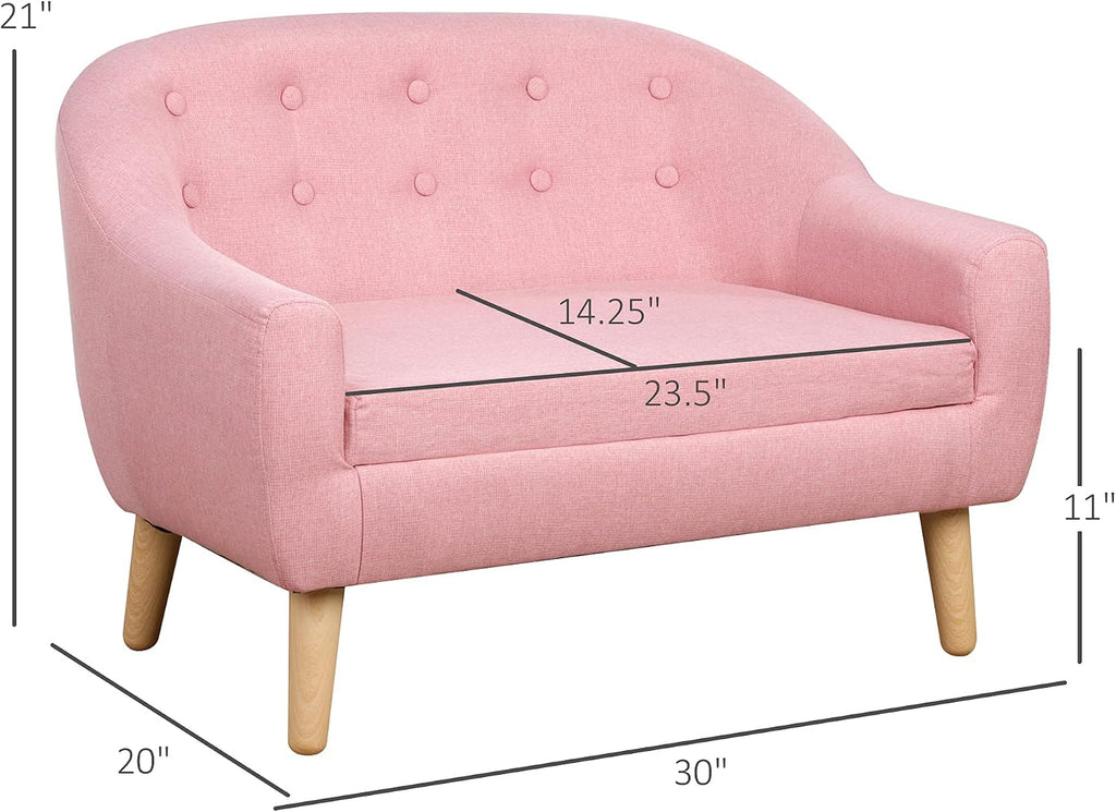 Qaba 2-Seat Kids Sofa, Toddler Sofa Couch, Linen-Like Fabric and Wooden Frame Sofa Chair for Ages 3-7, 11' High Seat, Pink