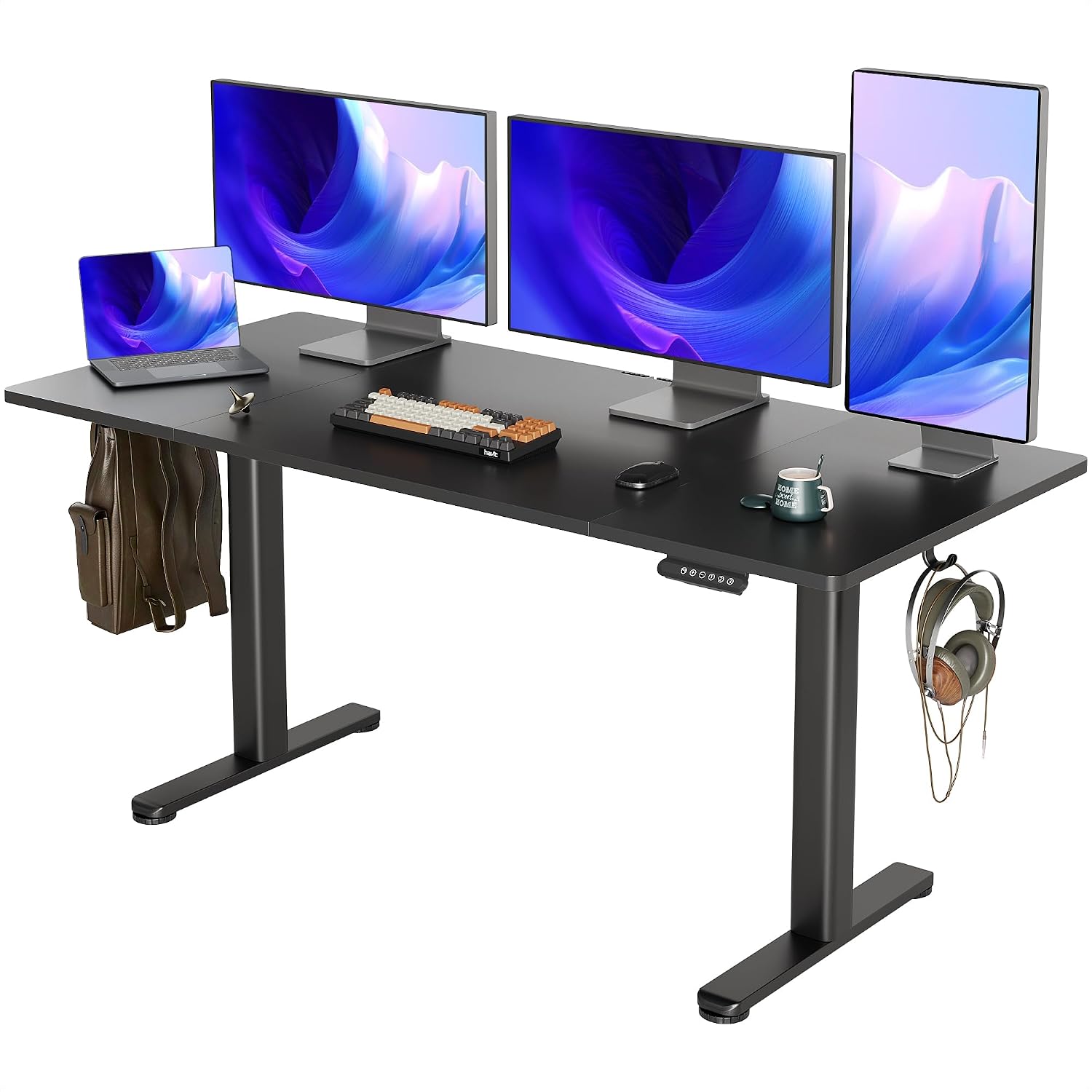 INNOVAR Electric Standing Desk, Adjustable Height Stand up Desks, 63 x 24 Inches Sit Stand up Desk for Home Office Computing, 3-Preset Memory Height Ergonomic Rising Desks, Black