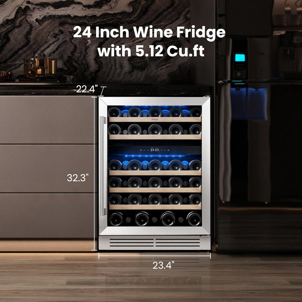 Yeego Wine Fridge Cooler - 24 Inch Dual Zone Wine Fridge Hold 52 Bottles, 40-65°F Wine Refrigerator Glass Door, Built in, Freestanding Under Counter Fridge for Beer Soda Drink Home Bar Office