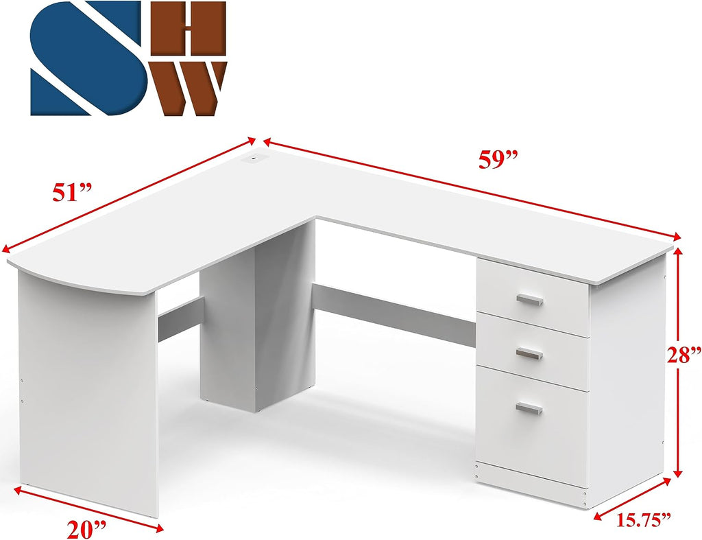 SHW 51 x 59 Inches L-Shaped Home Office Wood Corner Desk with Box Box File Drawers, White
