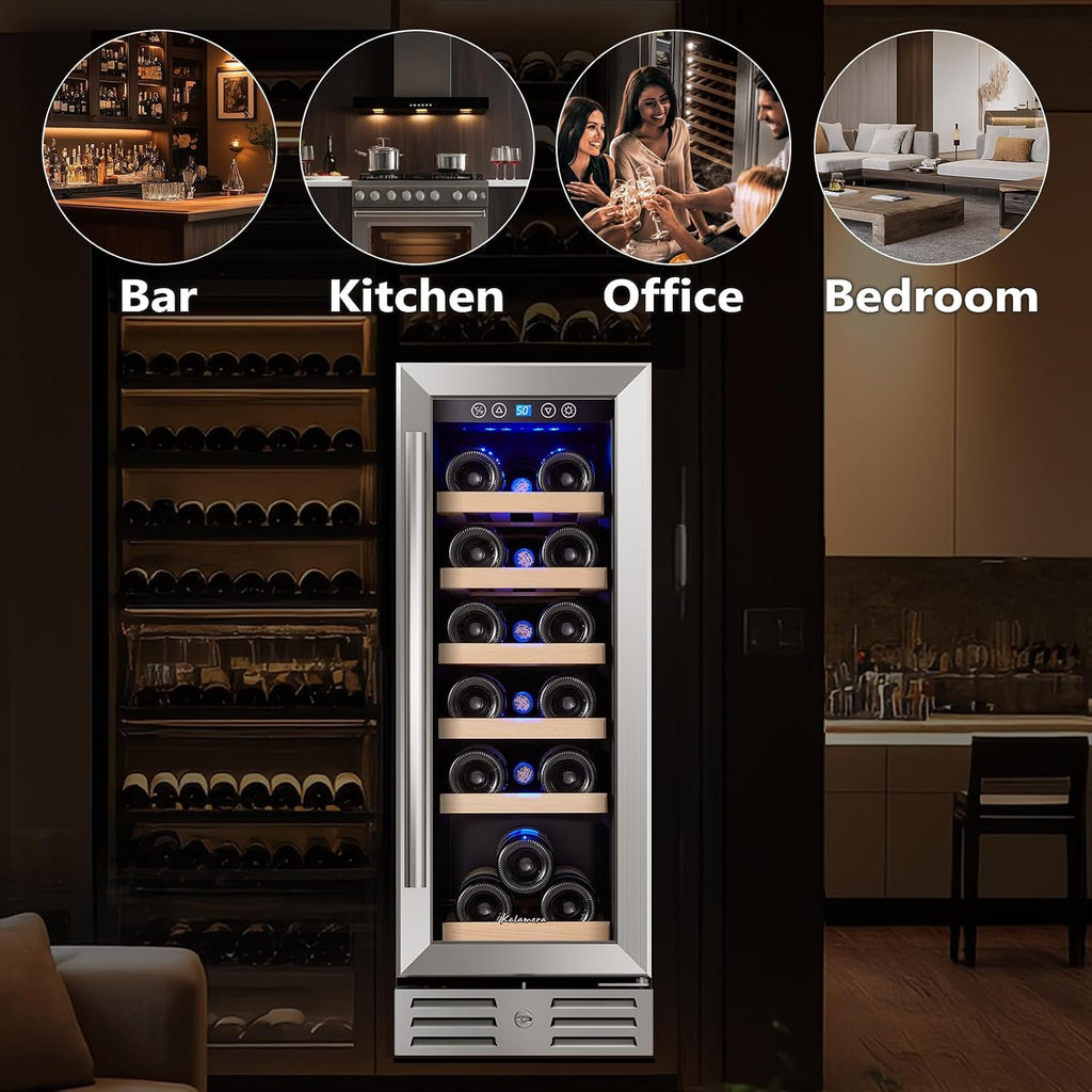 Kalamera Wine Fridge 18 Bottle - 12 inch Mini Cooler Refrigerator, Built-in or Freestanding, with Stainless Steel & Double-Layer Tempered Glass Door, and Temperature Memory Function