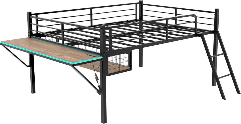 Linique Full Size Gaming Loft Bed with Desk, LED, Charging Station and Staircase, Metal Bed Frame with Vented Mesh Undercarriage Storage, Black + Light Brown