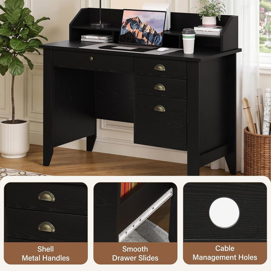 4 EVER WINNER Black Desk with Drawers, Small Desk with File Drawer and Monitor Stand, Computer Desk with Storage, Writing Desk for Bedroom Home Office, Black