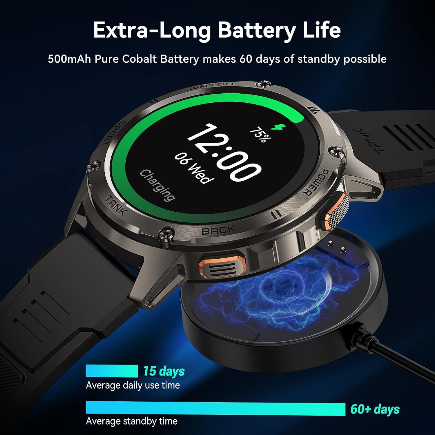 AMAZTIM Smart Watches for Men,60 Days Extra-Long Battery, Rugged Military Bluetooth Call(Answer/Dial Calls),1.43' Ultra HD AMOLED Display,Full Metal Body SmartWatch Compatible iPhone and Android