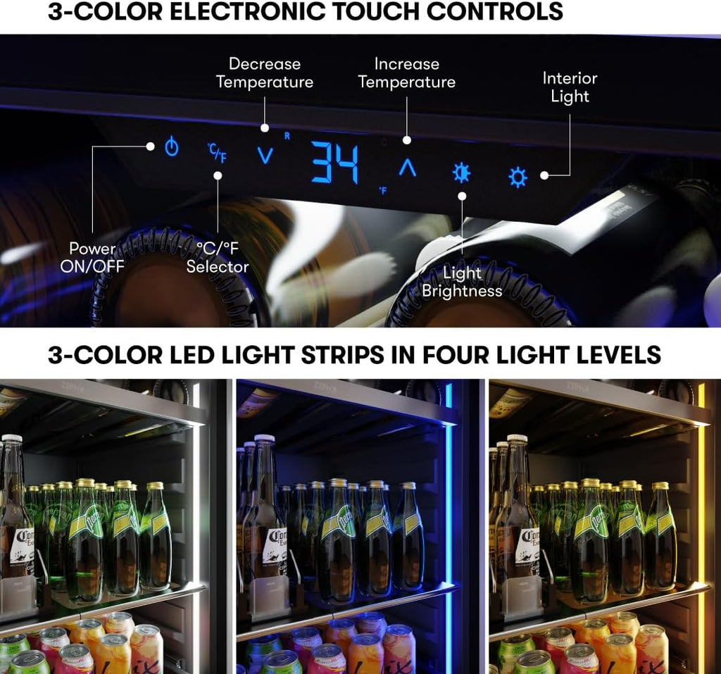 Zephyr 24' Wine Fridge & Beverage Refrigerator Single Zone Under Counter - Mini Wine Cooler Cellars Small Beer Fridge Cabinet Drink Chiller Freestanding Wine Beverage Cooler, 7 bottles,112 cans