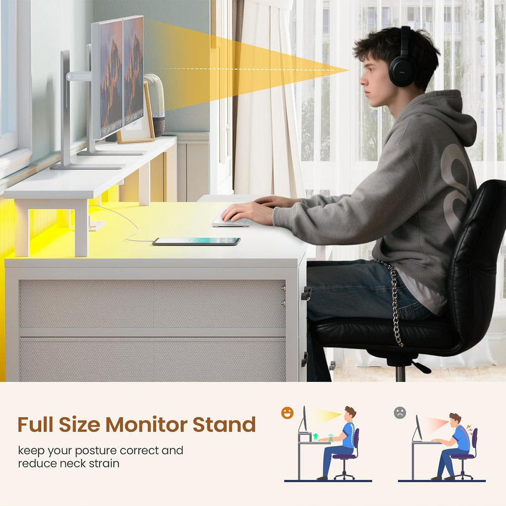 SEDETA White Computer Desk with 5 Drawer & Power Outlet, 66'' Home Office Desk with File Drawer, Storage Shelves, Printer Cabinet and Monitor Shelf, Gaming Desk with Led Lights