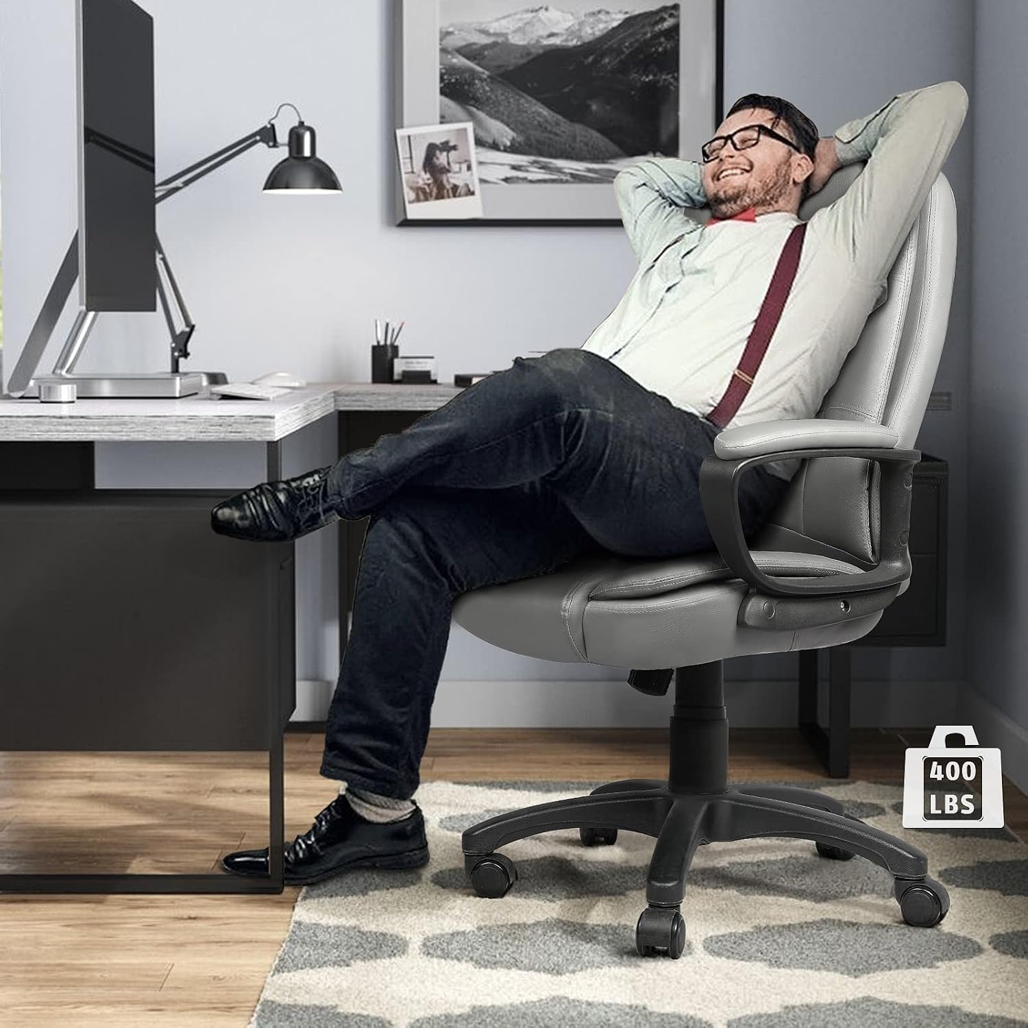 LEMBERI Office Desk Chair, Managerial Executive Chair, High Back Computer Chair, Ergonomic Height Adjustable PU Leather Chairs with Padded Armrest for Long Time Sitting, Grey