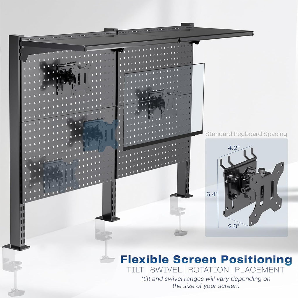 VIVO Steel Triple Clamp 47 x 31 inch Desk Pegboard System with 2 Monitor Mounts and Storage Shelf, Fits up to 32 inch Screens, Office Accessory Organizer, Black, PP-DK48SB