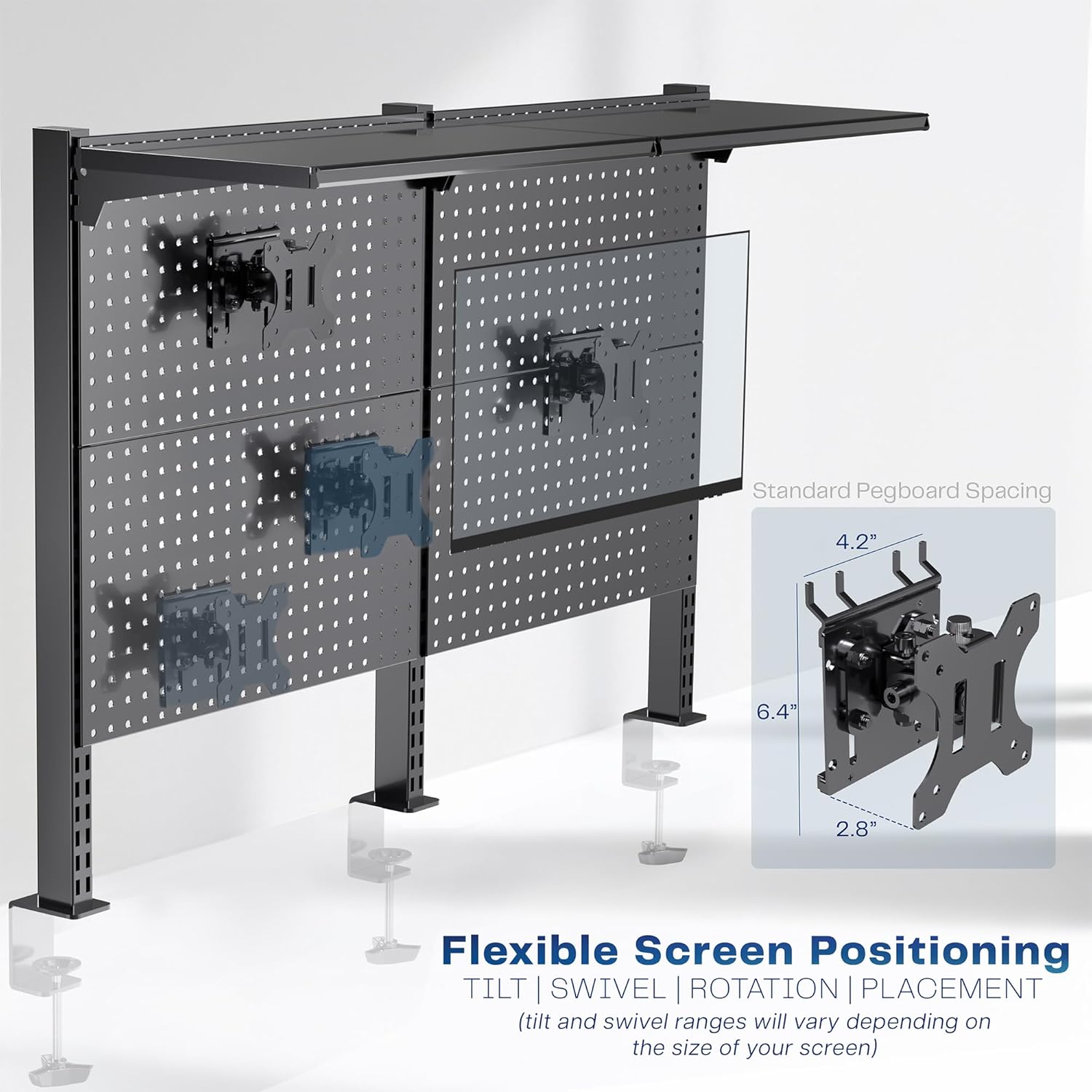 VIVO Steel Triple Clamp 47 x 31 inch Desk Pegboard System with 2 Monitor Mounts and Storage Shelf, Fits up to 32 inch Screens, Office Accessory Organizer, Black, PP-DK48SB