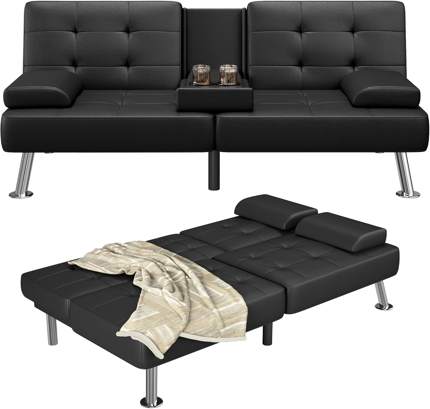 Furmax Futon Sofa Bed Adjustable Futon Couch Sleeper Sofa Bed for Living Room, Business Office, Recliner Sofas with Cup Holders (PU Leather, Black)