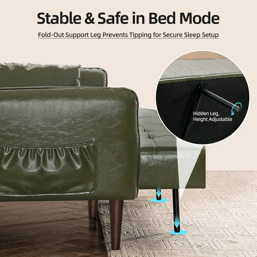 HALLYBEE Futon Sofa Bed, Sleeper Sofa, Small Couch with Storage Adjustable Armrests Pillows, Faux Leather Loveseat, Mid Century Modern Couches for Living Room, Bedroom, Apartment, Olive Green