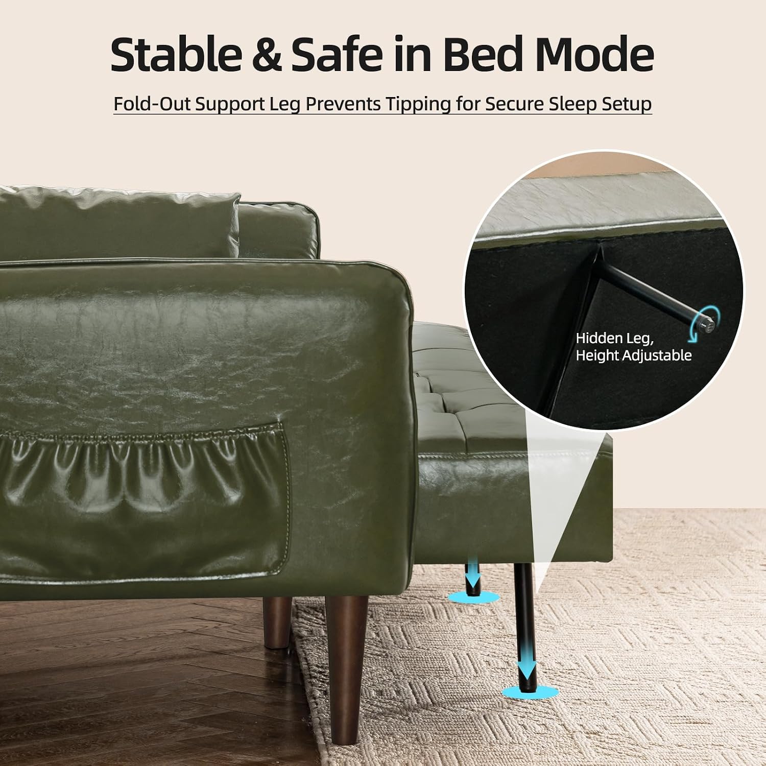 HALLYBEE Futon Sofa Bed, Sleeper Sofa, Small Couch with Storage Adjustable Armrests Pillows, Faux Leather Loveseat, Mid Century Modern Couches for Living Room, Bedroom, Apartment, Olive Green