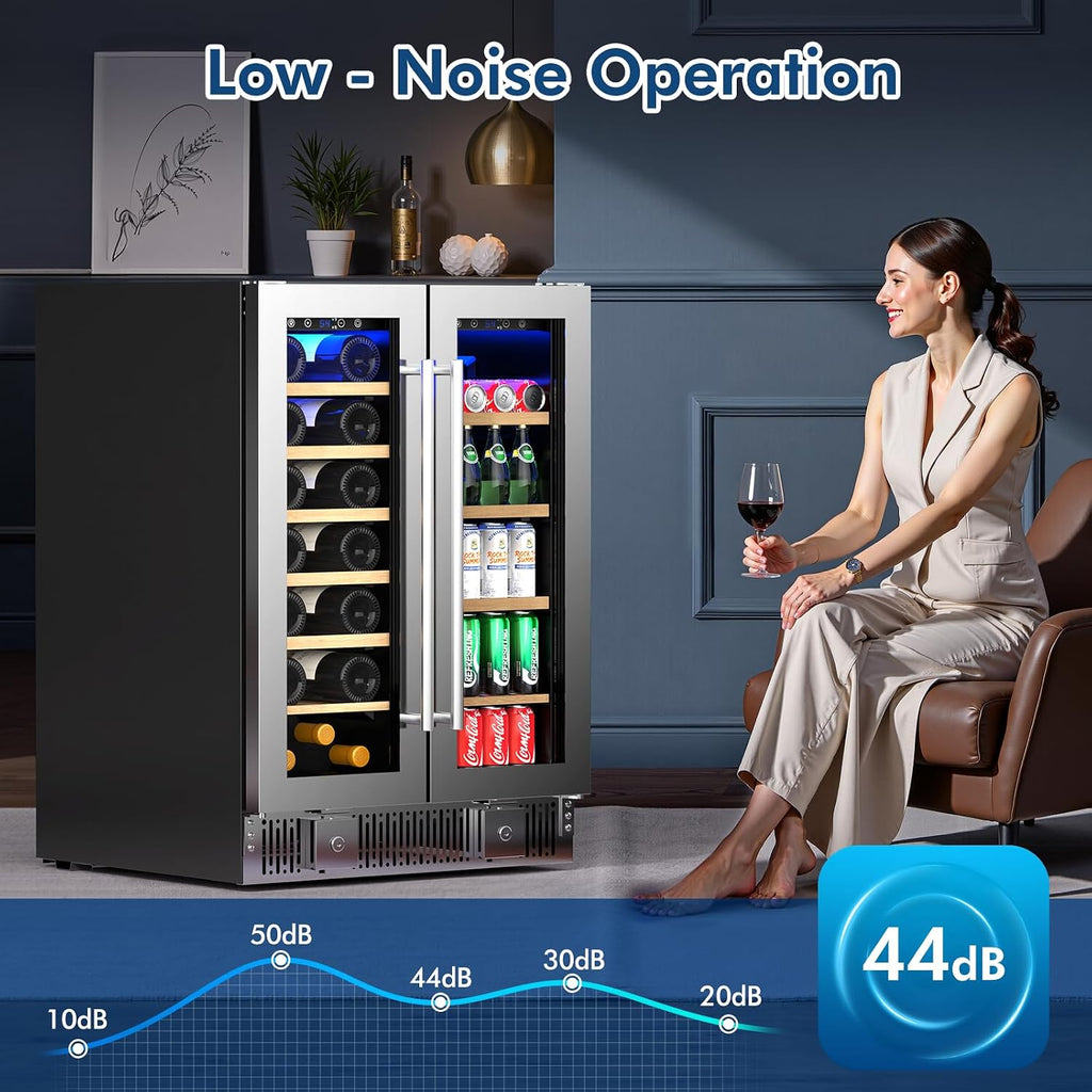 Antarctic Star Dual Zone Wine and Beverage Refrigerator, 24 Inch 4.4 Cu.Ft Built-in or Freestanding Under Counter Cooler with French Glass Doors, Fits 21 Bottles and 88 Cans, Digital Touch Control