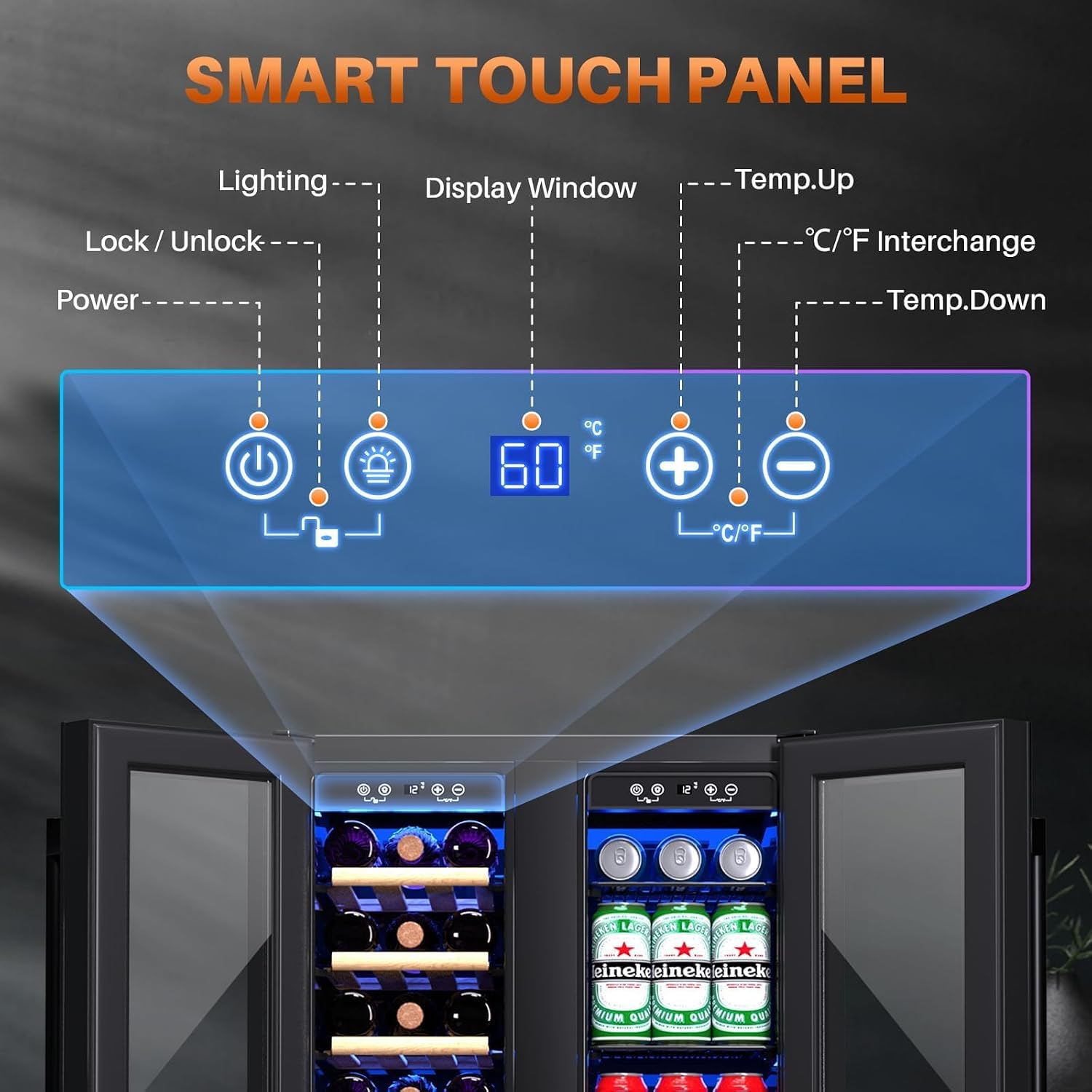 ICEPURE Wine and Beverage Refrigerator 24 Inch, Dual Zone Wine and Beverage Cooler with Glass Door, Freestanding or Built-In Wine Fridge Under Counter Lockable, Hold 19 Bottles and 58 Cans, Dark Black