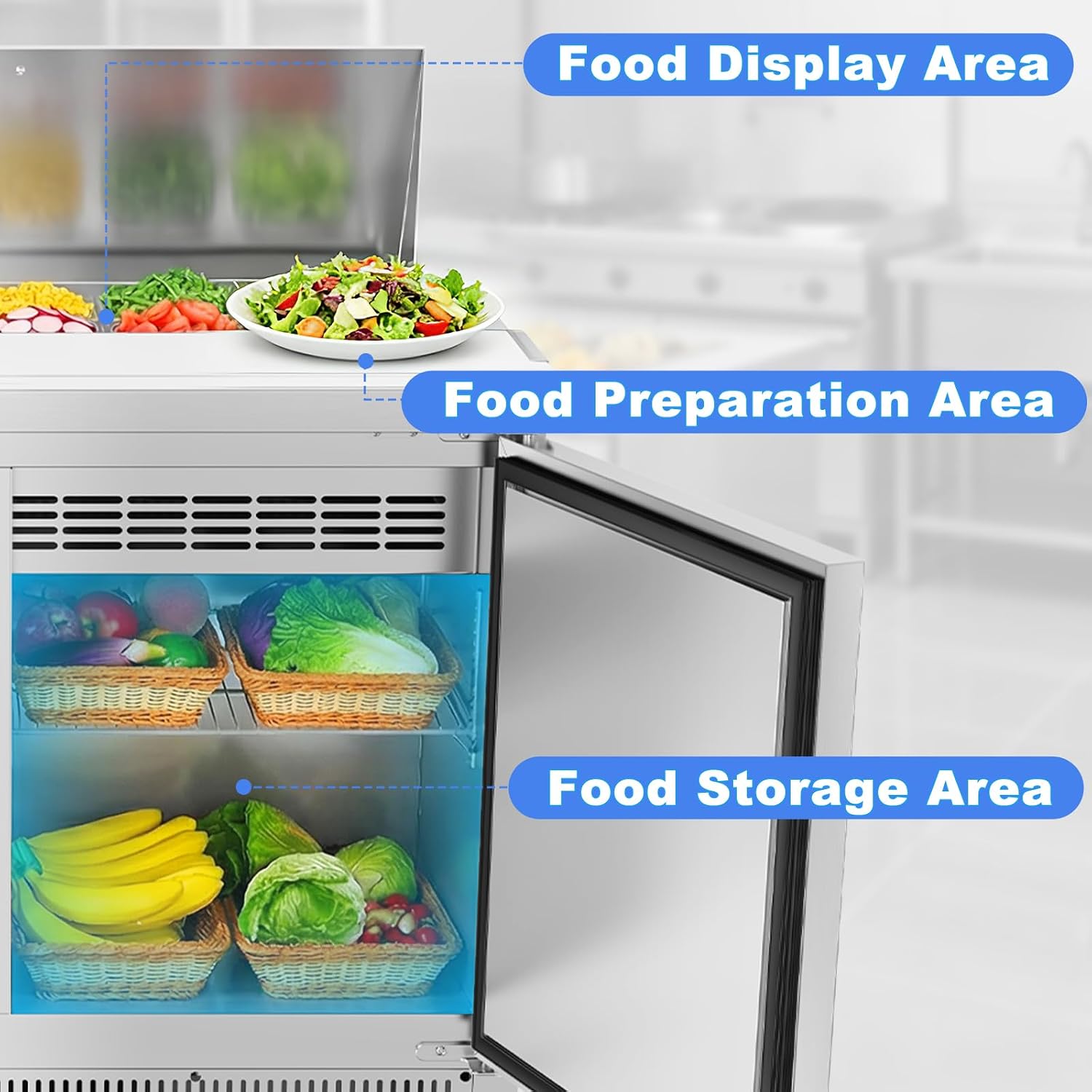 Tylza 48' Commercial Refrigerator, 12.7 Cu.Ft Sandwich Salad Prep Table, Mega Top Worktop Fridge w/ 12 Pans & Cutting Board, 2-Door Stainless Steel Salad Prep Cooler for Restaurant & Food Truck