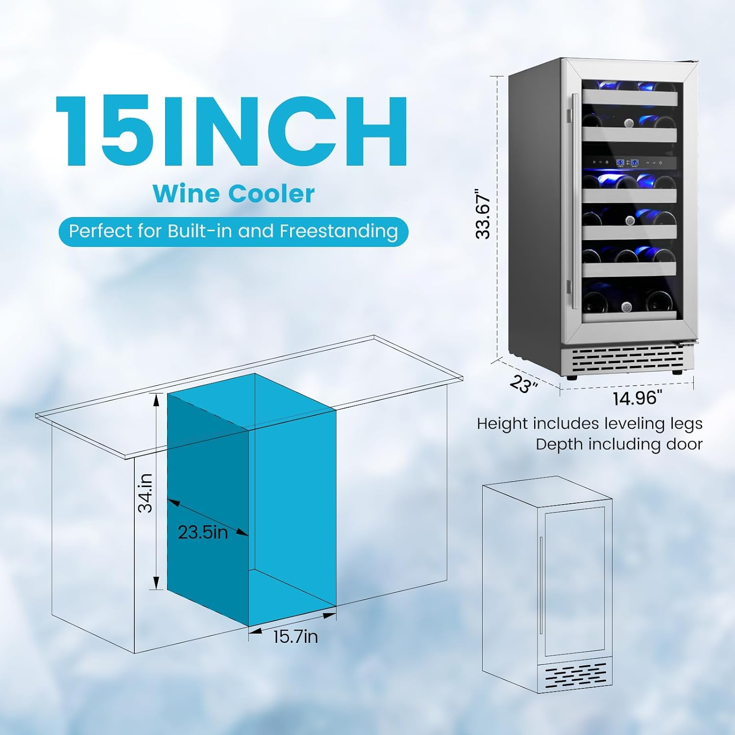 15 Inch Wine Fridge Under Counter, 28 Bottles Dual Zone Wine Cooler Refrigerator, 40-65°F, Stainless Steel Mini Chiller with Double Tempered Glass& Removable Shelves, Freestanding/Built-in