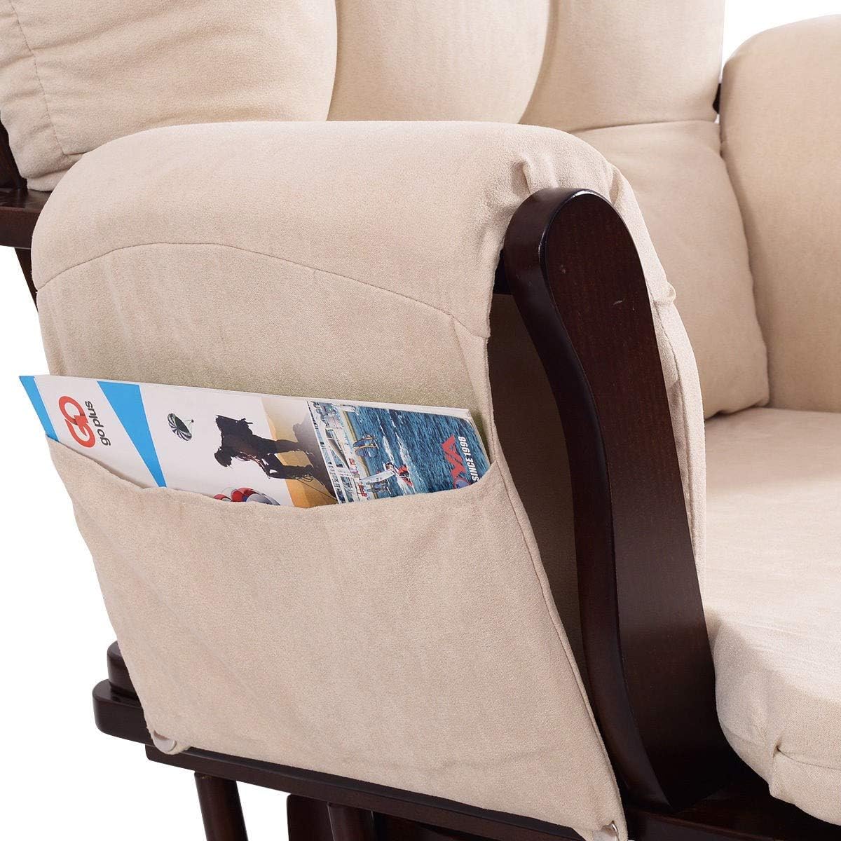 Rocking Chair Wood Heavy Duty Rocking Chair with Ottoman Cushion Set Baby Nursery Rocking Chair Glider with Adjustable Backrest for Living Room (Beige)