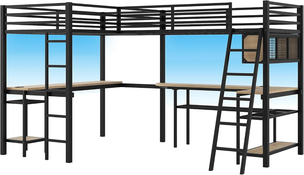 L-Shaped Loft Bed Twin Size with 2 Built-in Desks and Storage Shelves, Metal Gaming Loft Bed with LED and Charging Station for 2 Kids Teens Boys Girls